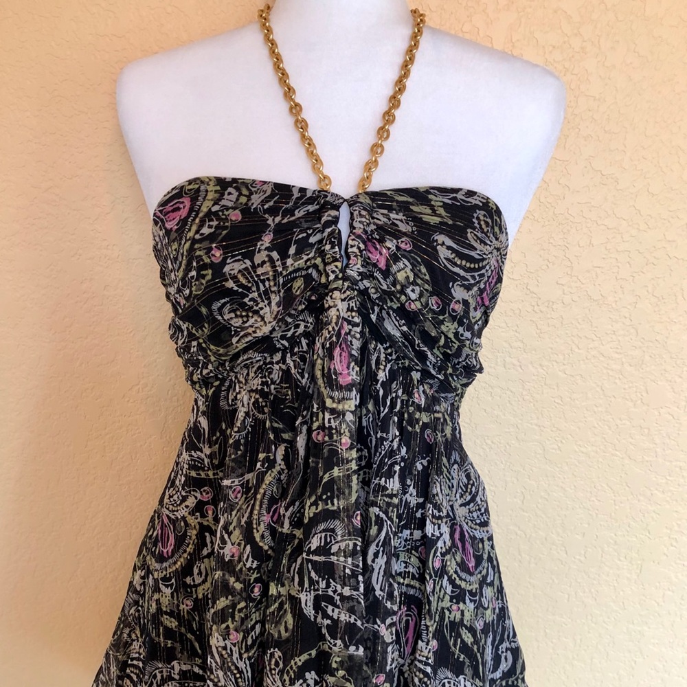 Express Black Strapless Paisley Print Top with Pink and Olive Accents